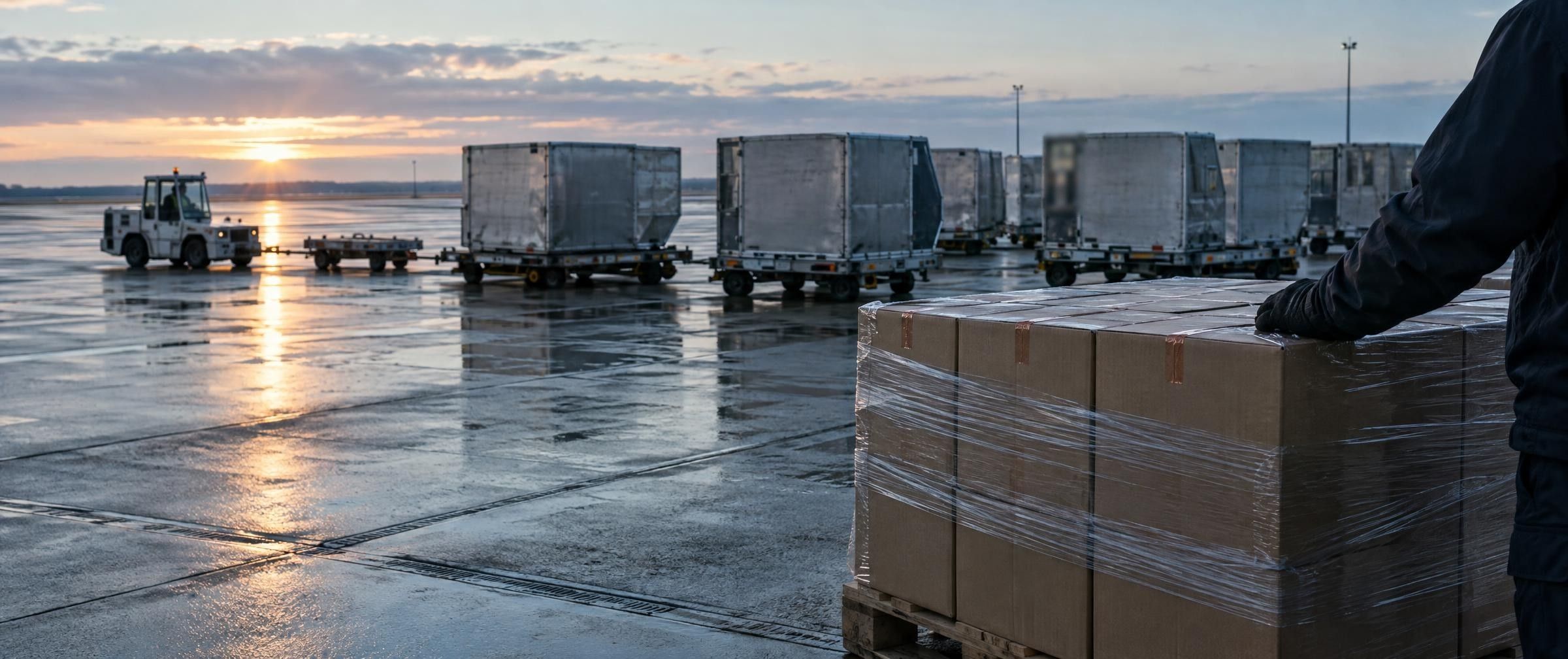 Luftfrachtcontainer auf einem Vorfeld in der Morgendämmerung, vorn eine Palette versiegelter Kartons