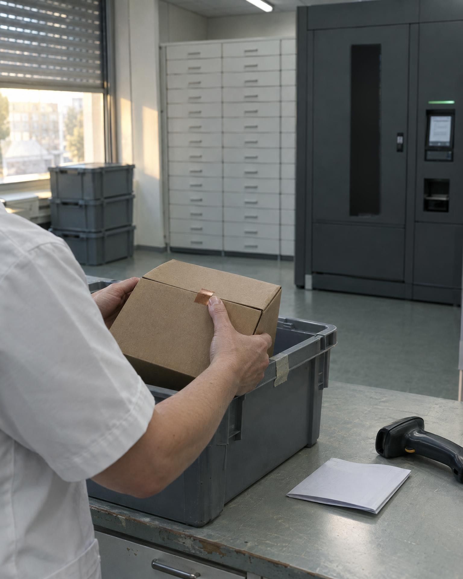 Wareneingang in einer Apotheke am Morgen: Hände heben einen versiegelten Karton aus einer Transportwanne