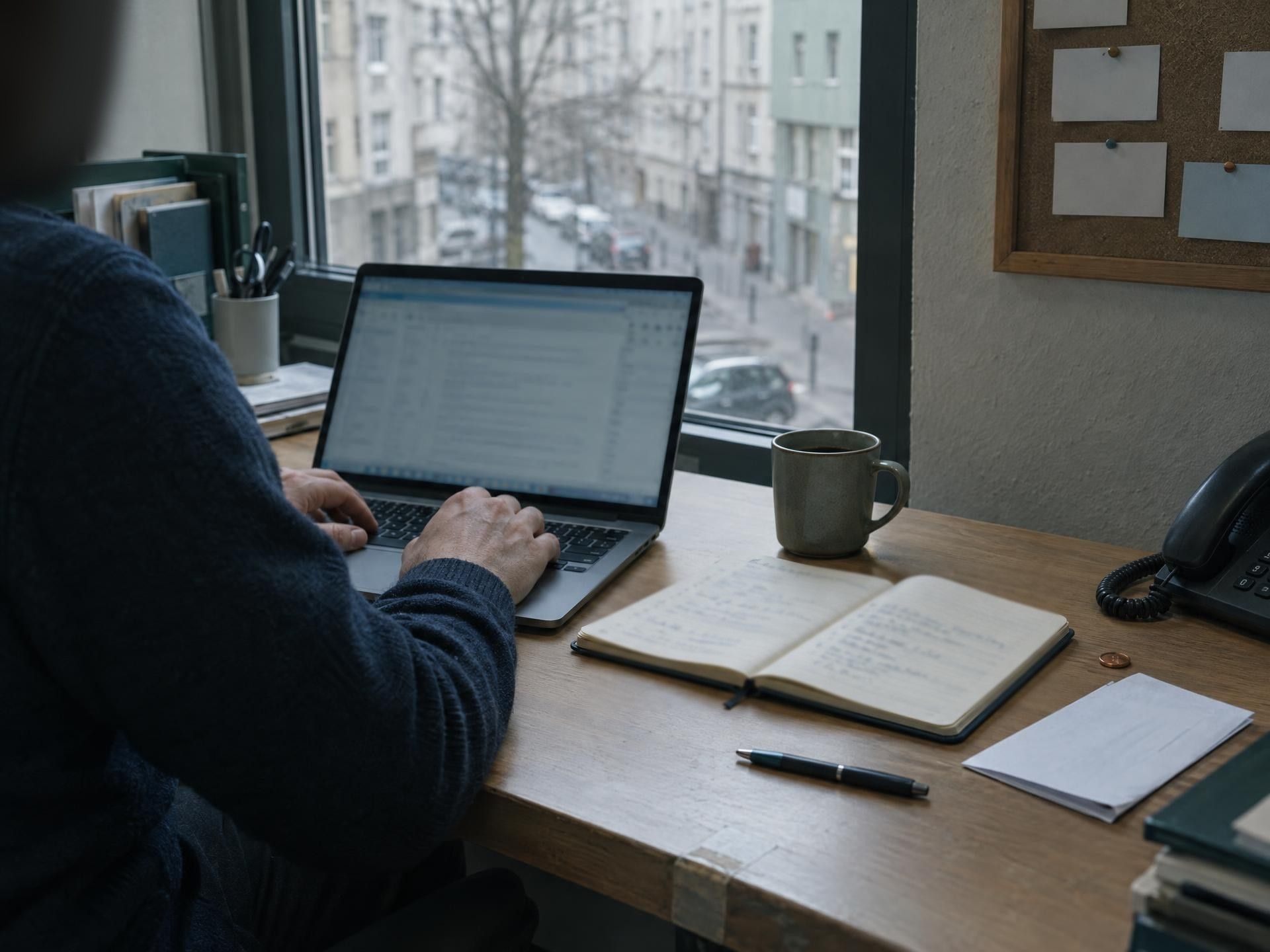 Bürotisch am Fenster: Hände tippen eine Antwort am Laptop